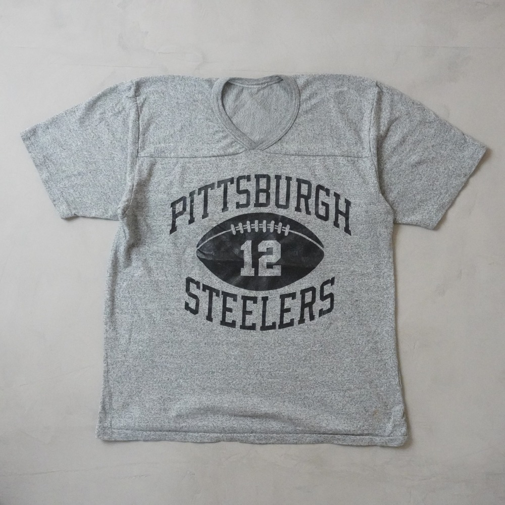 Vintage Pittsburgh Steelers T-Shirt Medium Mens Gray Football Jersey V-Neck 70s